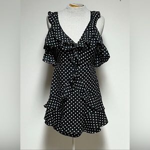 Black White Polka Dot Mini Sundress Women's Size 10 Ruffles Tie Up Back Summer